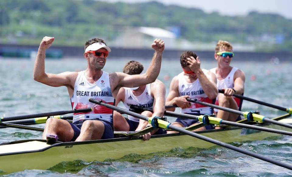Great Britain’s Harry Leask, Angus Groom, Tom Barras and Jack Beaumont celebrate winning silver in the Men’s Quadruple Sculls (PA Wire)