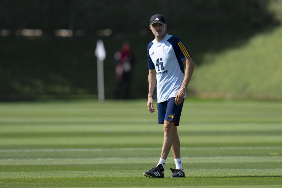 Spain's head coach Luis Enrique looks on during a training session at Qatar University, in Doha, Qatar, Tuesday, Nov. 29, 2022. Spain will play its first final match in Group E in the World Cup against Japan on Dec. 1. (AP Photo/Julio Cortez)