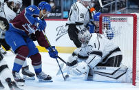 Colorado Avalanche center Pierre-Edouard Bellemare (41) scores a goal against Los Angeles Kings goaltender Troy Grosenick (1) during the second period of an NHL hockey game Thursday, May, 13, 2021, in Denver. (AP Photo/Jack Dempsey)