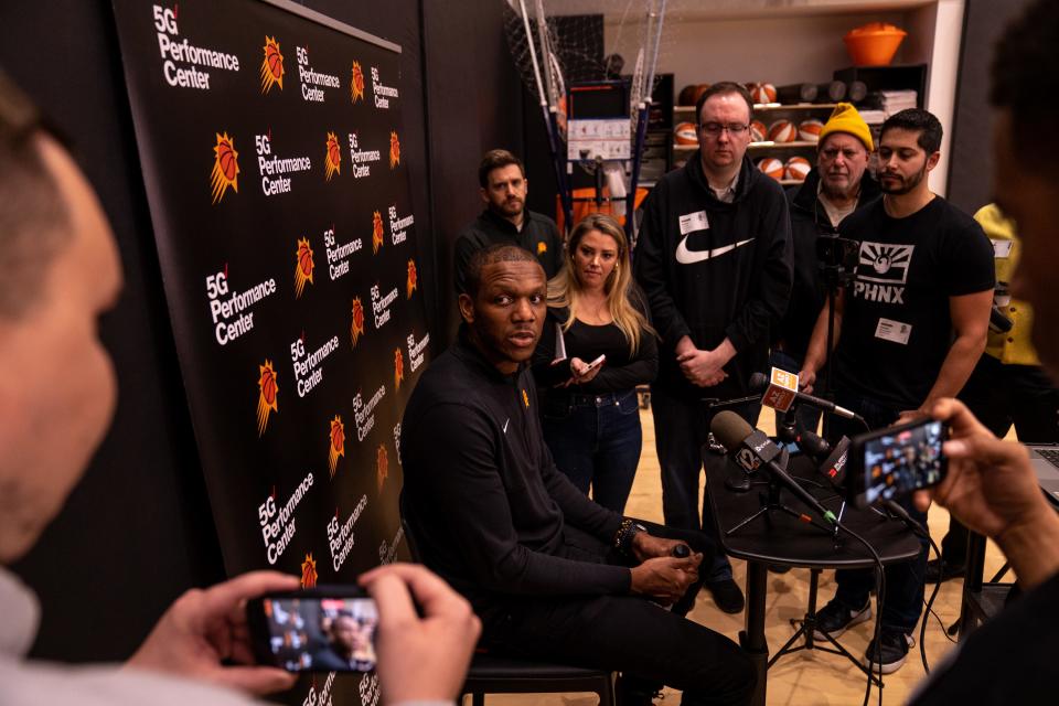 Phoenix Suns General Manager James Jones speaks to media at the Verizon 5G Performance Center in Phoenix on Feb. 9, 2024.