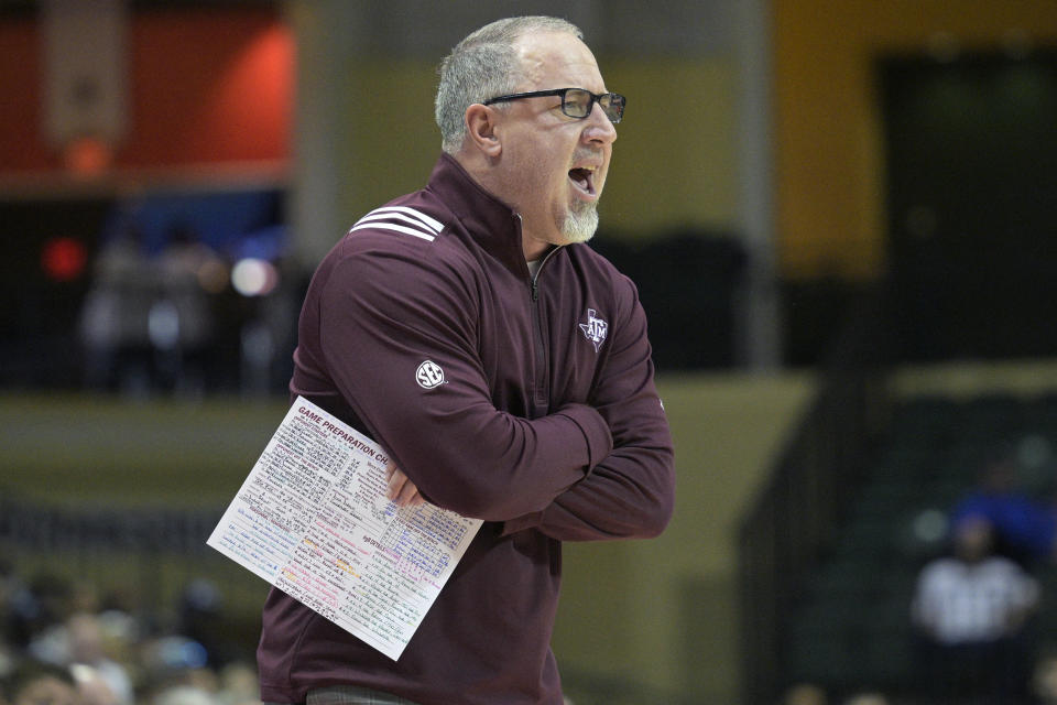 Texas A&M head coach Buzz Williams calls out instructions during the first half of an NCAA college basketball game against Penn State, Thursday, Nov. 23, 2023, in Kissimmee, Fla. (AP Photo/Phelan M. Ebenhack)