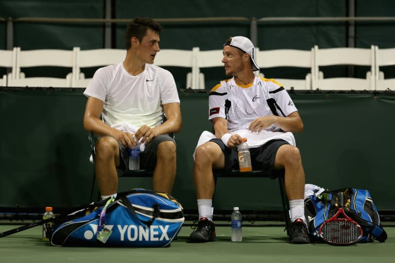 Lleyton Hewitt and Bernard Tomic of Australia, pictured during a doubles match at the Sony Open, in Key Biscayne, Florida, in March 2013