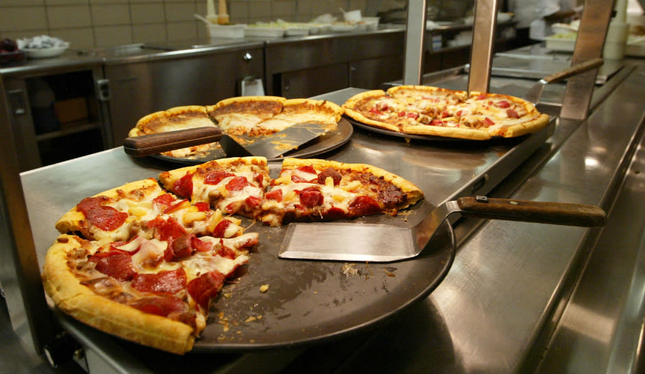 Pizzas available for lunch are seen in the kitchen at Jones College Prep High School