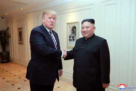 North Korea's leader Kim Jong Un and U.S. President Donald Trump shake hands during the second U.S.-North Korea summit in Hanoi, Vietnam, in this photo released on February 28, 2019 by North Korea's Korean Central News Agency (KCNA). KCNA via REUTERS