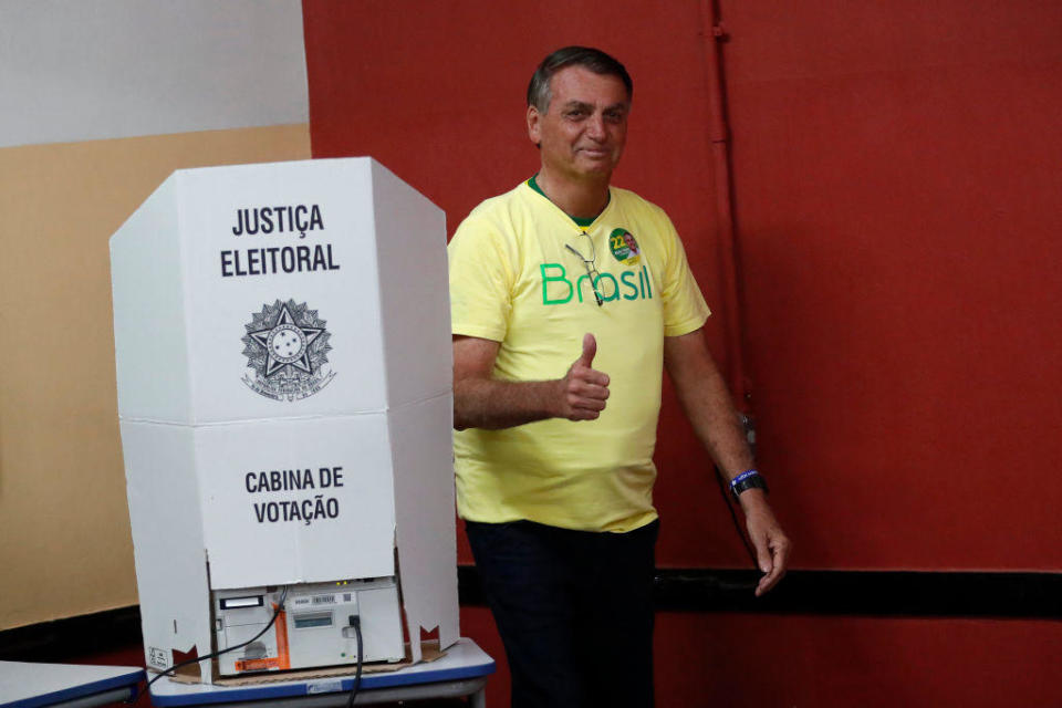 Incumbent Jair Bolsonaro of Liberal Party (PL) casts his vote at Vila Militar district on October 30, 2022 in Brasilia, Brazil. / Credit: BRUNA PRADO / Getty Images
