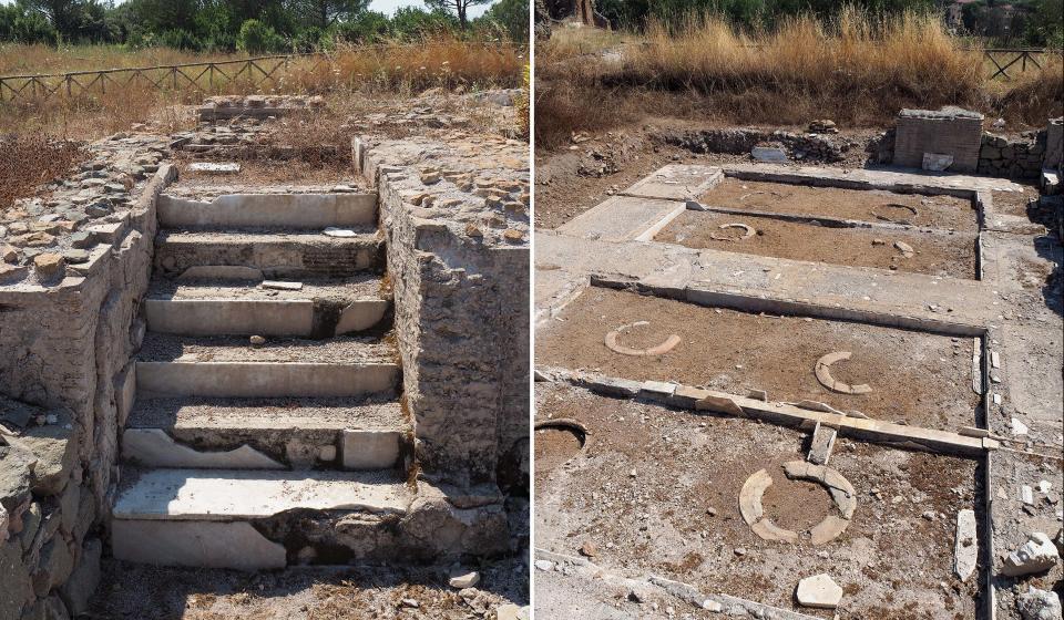 Left: A staircase leading up to the treading and press area, with marble facing still intact. Right: A wine cellar with iron rims reinstated in their original positions. (E. Dodd)