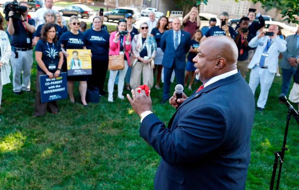 Republican Lt. Gov. Mark Robinson, who is running for governor, speaks at a Moms for Liberty rally outside the Legislative Building in Raleigh, N.C., Wednesday, June 12, 2024.