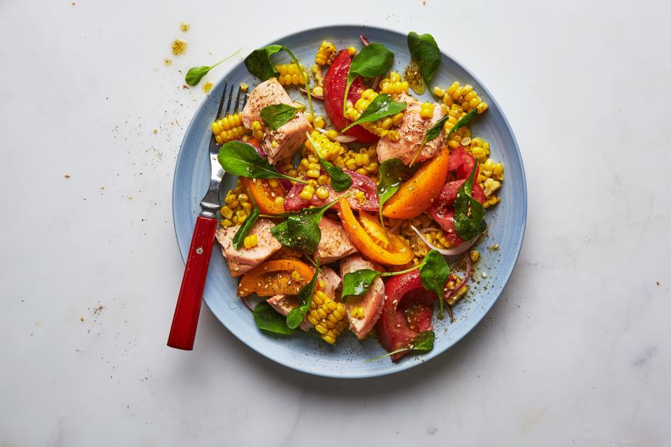 Summer Corn, Tomato, and Salmon Salad with Za'atar Dressing