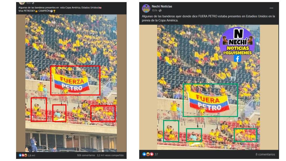 <span>Comparación entre capturas de pantalla de una publicación en Facebook (I) y otra imagen compartida en esa red social por Nechí Noticias, hecha el 26 de junio de 2024 </span>