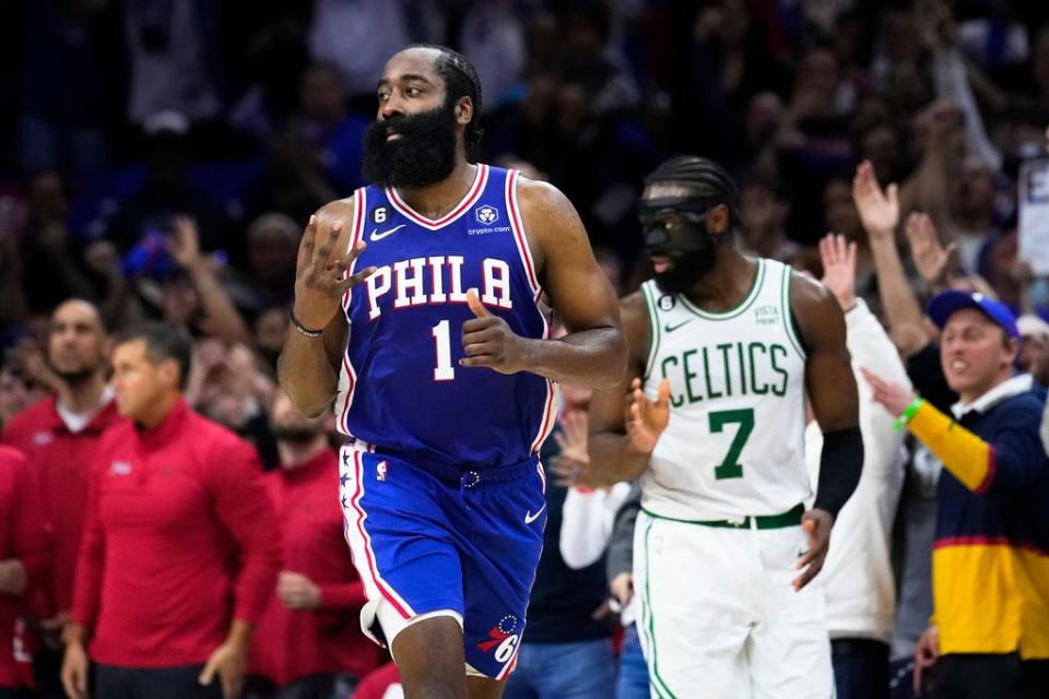 Philadelphia 76ers' James Harden (1) reacts after scoring past Boston Celtics' Jaylen Brown (7) during overtime of Game 4 in an NBA basketball Eastern Conference semifinals playoff series, Sunday, May 7, 2023, in Philadelphia. (AP Photo/Matt Slocum)