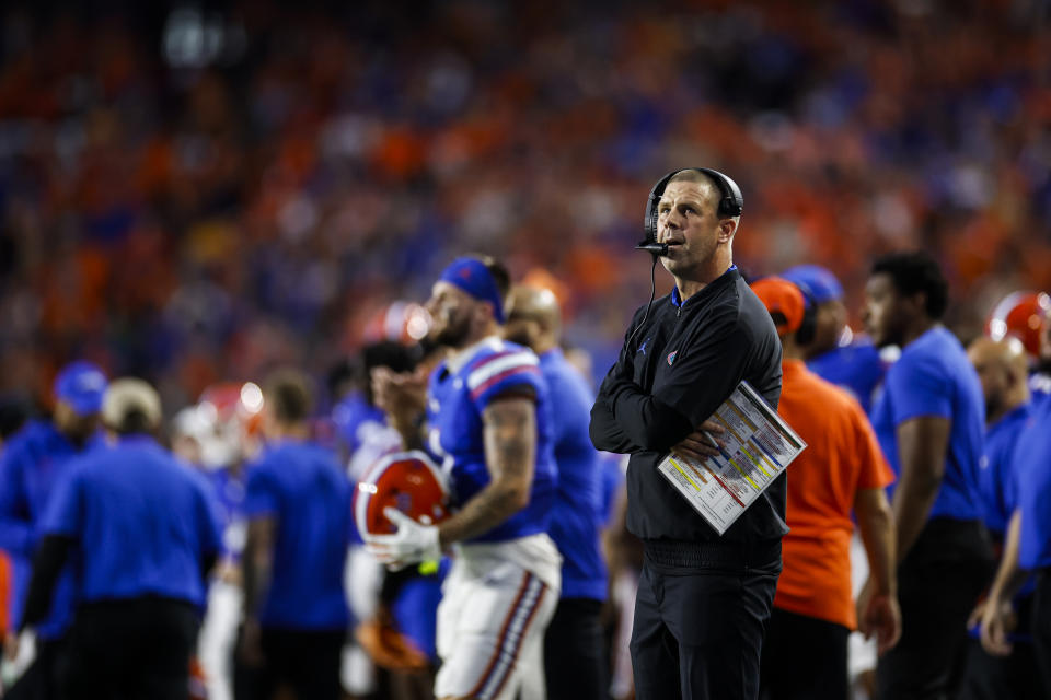 GAINESVILLE, FLORIDA - SEPTEMBER 23: Head coach Billy Napier of the Florida Gators looks on during the second half of a game against the Charlotte 49ers at Ben Hill Griffin Stadium on September 23, 2023 in Gainesville, Florida. (Photo by James Gilbert/Getty Images)
