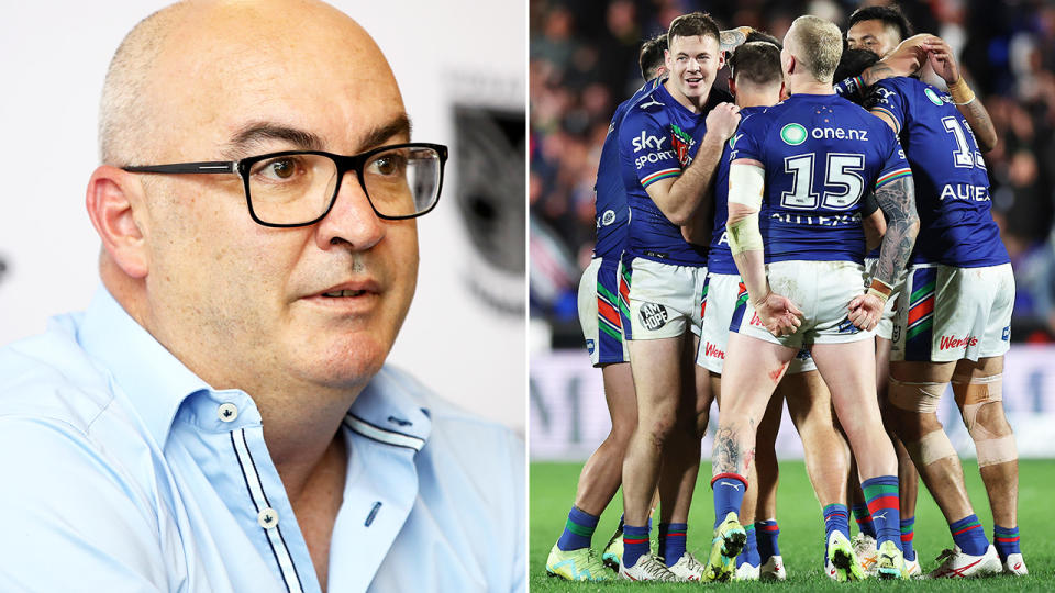 New Zealand Warriors boss Cameron George is pictured left, as the team celebrates a try on the right.