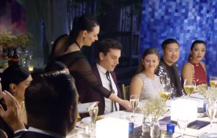 During Wednesday night's episode of My Kitchen Rules, Josh calls Amy a sl*t when she serves him his entree. Source: Channel Seven