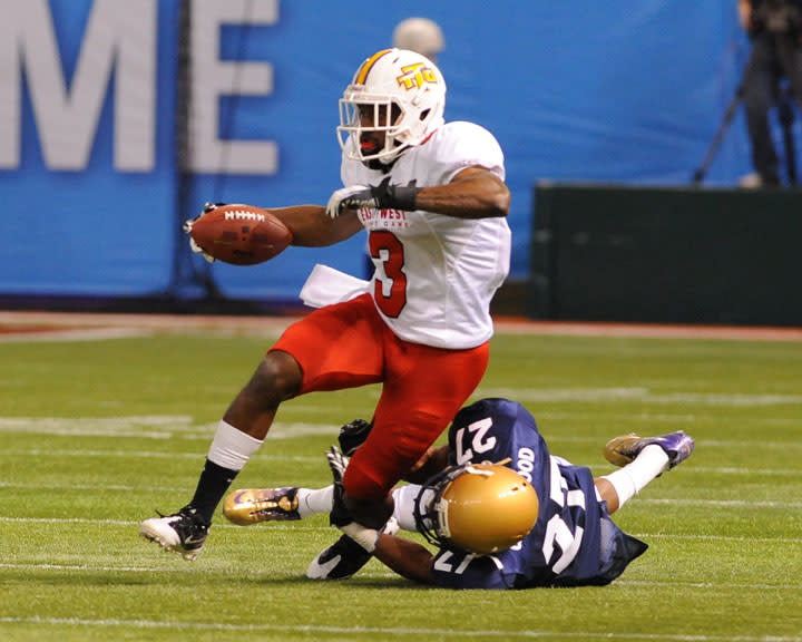 ST. PETERSBURG, FL - JANUARY 21: Wide receiver Tim Benford #3 of Tennessee Tech University Golden Eagles rushes upfield during the 87th annual East-West Shrine game January 21, 2012 at Tropicana Field in St. Petersburg, Florida. (Photo by Al Messerschmidt/Getty Images)