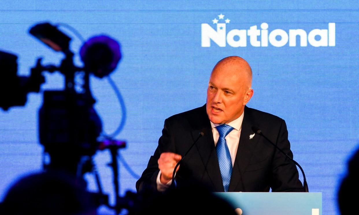 <span>New Zealand's National Party's leader Christopher Luxon addresses his supporters in Auckland.</span><span>Photograph: Xinhua/Shutterstock</span>