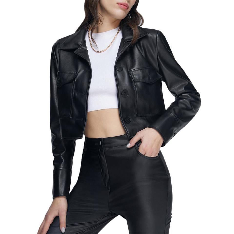 Cropped Double Front Pocket Leather Jacket