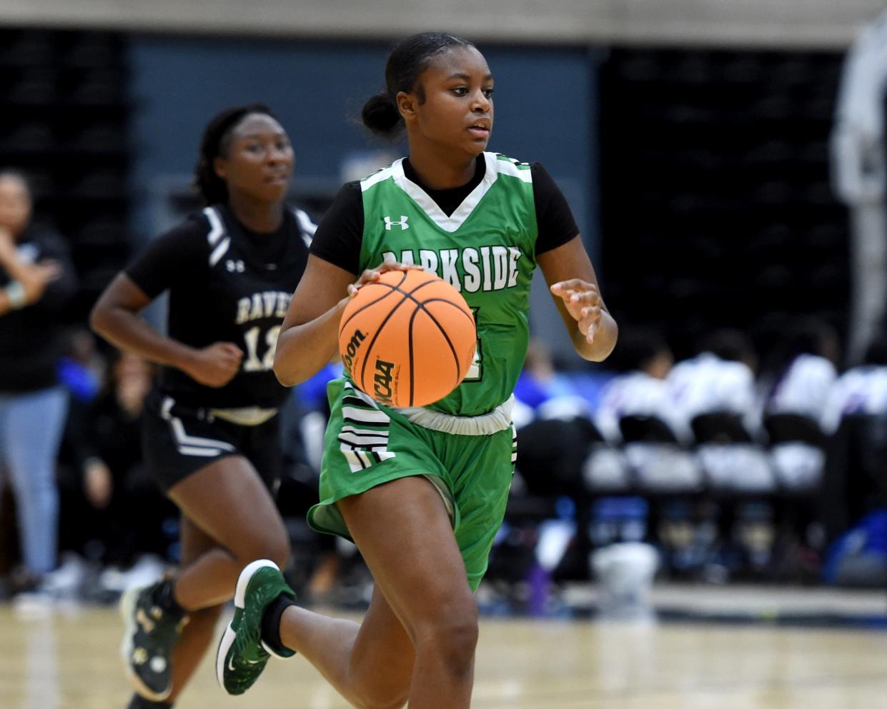 Parkside's Diamond Dixon (4) dribbles in the game against Sussex Tech Thursday, Dec. 28, 2023, at the Wicomico Civic Center in Salisbury, Maryland. Parkside defeated Sussex Tech 54-32.