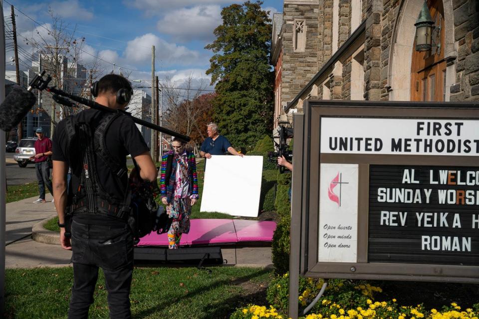 Weekly World News Studios filmed 'The Zombie Wedding' with heavy use of Vineland buildings and landscapes. Screenwriter Greg D'Alessandro says Vineland itself is like a 'character.' Here, the crew sets up a shot outside the First Methodist Church.
(Credit: Jeff Harris Photography)