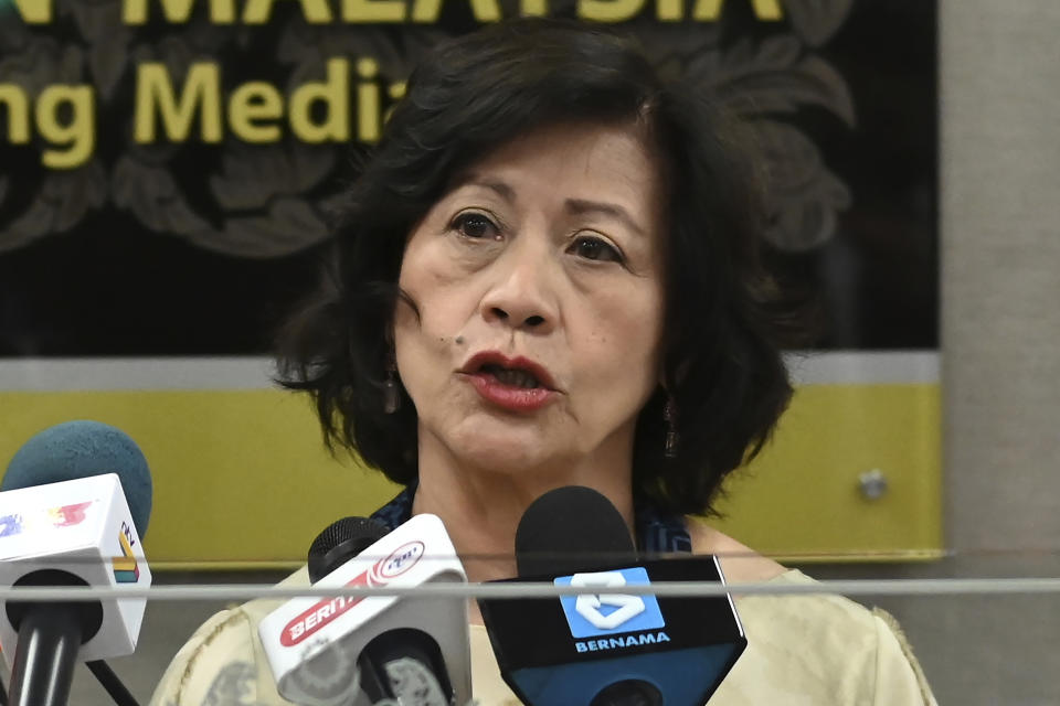 FILE - U.N. Secretary-General's Special Envoy on Myanmar Noeleen Heyzer attends a press conference at the Parliament House in Kuala Lumpur, July 26, 2022. Human rights activists urged the U.N. Security Council on Monday, March 13, 2023 to refer Myanmar's military rulers to the International Criminal Court and urged neighboring Southeast Asian countries to support the opposition pro-democracy movement. (Malaysia's Department of Information via AP, File)