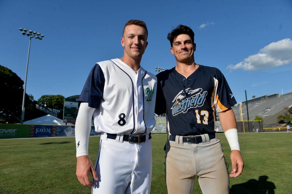 Ashland High School alumni Brandon Grover, left, and Jackson Hornung at Hanover Insurance Park at Fitton Field in Worcester July 13, 2022. Grover attends Salve Regina College and plays for the Worcester Bravehearts. Hornung, who attends Skidmore College, plays for the Westfield Starfires.