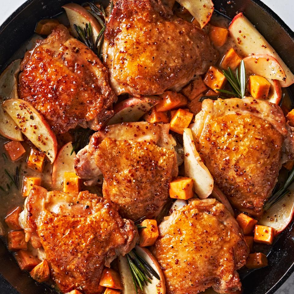 cider glazed chicken thighs with apples and sweet potatoes