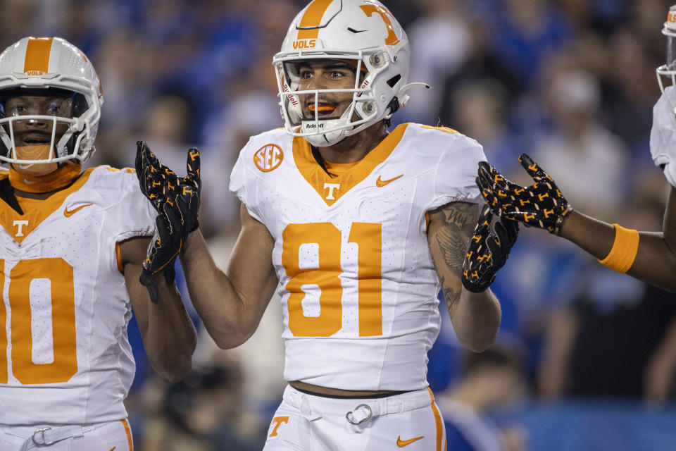 Tennessee wide receiver Chas Nimrod (81) celebrates a touchdown in the end zone during the first half of an NCAA college football game in Lexington, Ky., Saturday, Oct. 28, 2023. (AP Photo/Michelle Haas Hutchins)