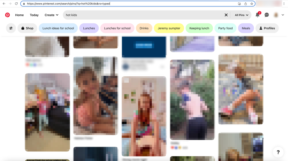 Blurred images of photos of minors (young girls and babies) suggested by Pinterest's algorithm (Pinterest)