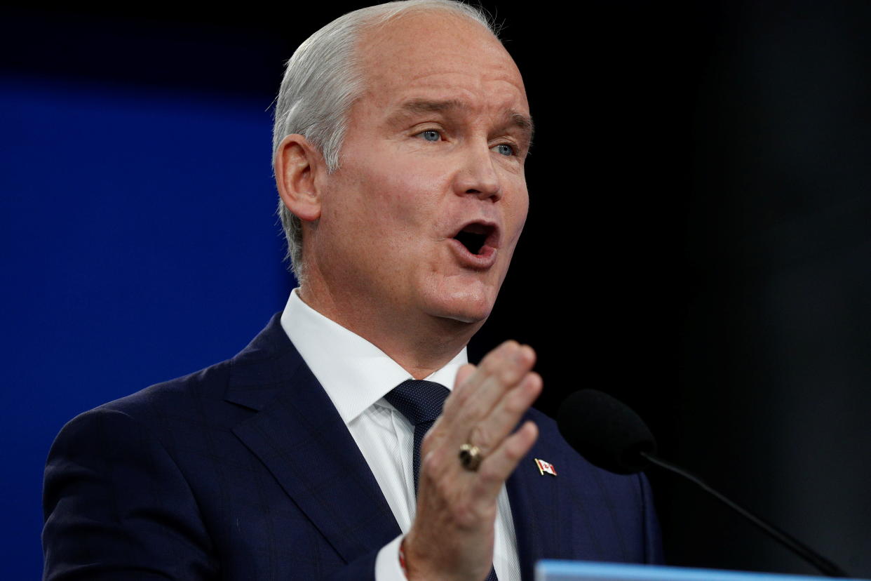 Canada's Conservative Party leader Erin O'Toole speaks at the Westin hotel after Liberal Prime Minister Justin Trudeau called an early election, in Ottawa, Ontario, Canada August 15, 2021.  REUTERS/Lars Hagberg