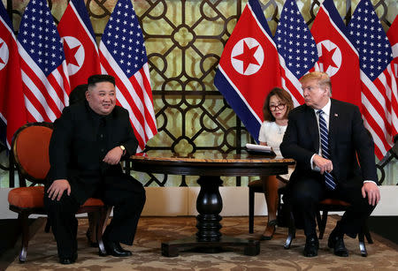 U.S. President Donald Trump looks towards North Korean leader Kim Jong Un during the one-on-one bilateral meeting at the second North Korea-U.S. summit in Hanoi, Vietnam February 28, 2019. REUTERS/Leah Millis