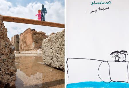 A drawing by an Iraqi child shows her and her father fleeing across a broken bridge next to a photo rendition with toy figures of a child and a man in old city of Mosul, Iraq, in this handout obtained by Reuters on July 9, 2018. REUTERS/Brian McCarty/Handout via Reuters