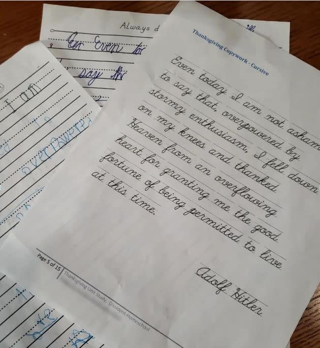 A photo Mrs. Saxon posted to the Dissident Homeschool channel of a completed home-school assignment in which her children wrote a quote by Adolf Hitler.