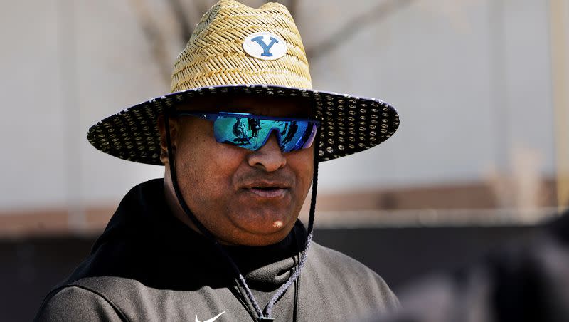 Head coach Kalani Sitake, talks with media after the BYU Cougars football team practiced in Provo on Friday, March 17, 2023. The Cougars will be wrapping up spring practices this week.