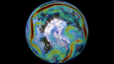 Winding Rossby waves moving west around Earth.