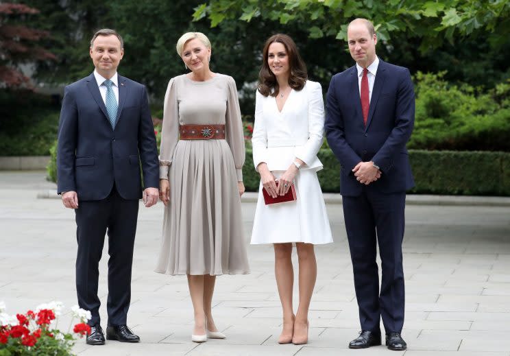 The Duke and Duchess’ first stop-off in Warsaw was to meet with President Andrzej Duda and first lady Agata Kornhauser-Duda at the Presidential Palace. (Photo: PA)