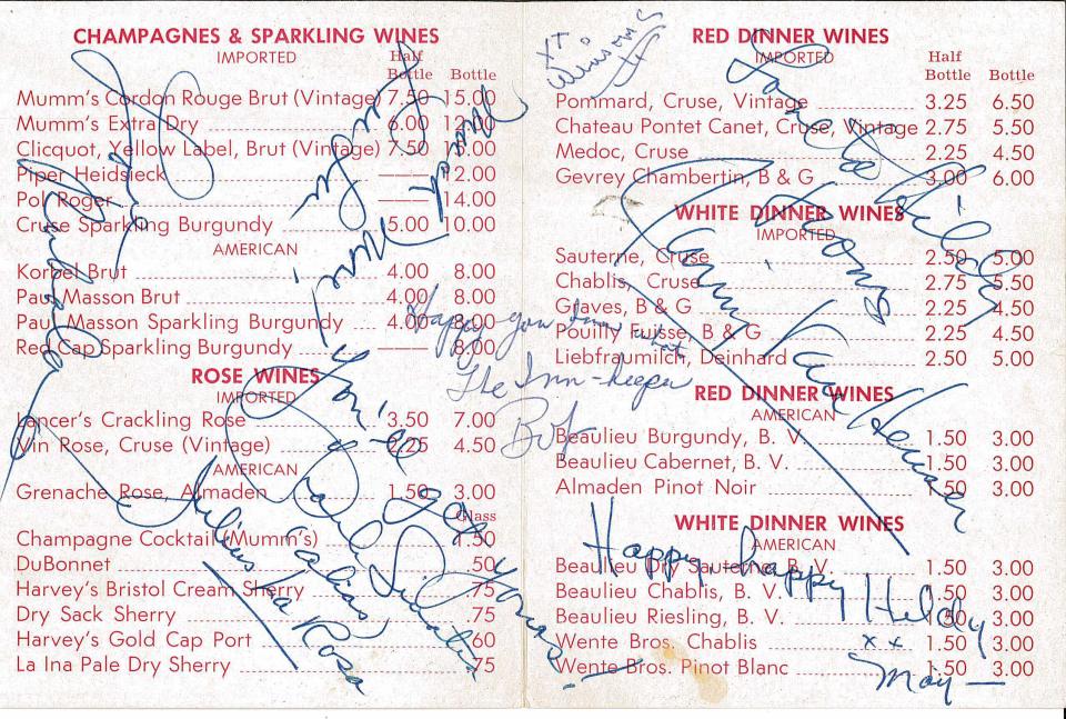 Autographed menu from Ruby's Dunes for Desert Sun society columnist Hildy Crawford's birthday.