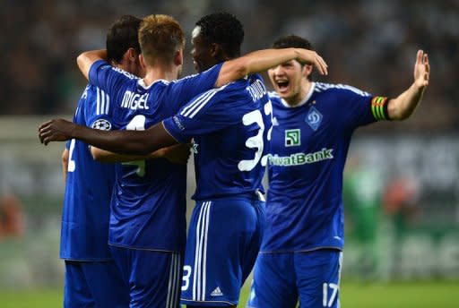 Kiev�s players celebrate during the Champions League playoff match against Borussia Moenchengladbach in Moenchengladbach, Germany. Kiev won 3-1