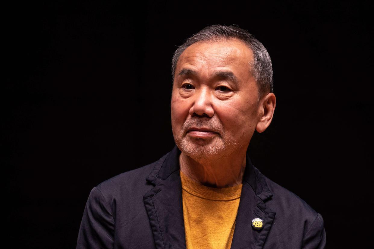 Japanese writer Haruki Murakami attends a press conference during a media preview of The Waseda International House of Literature, also known as Haruki Murakami Library, which is designed by Japanese architect Kengo Kuma, at Waseda University in Tokyo on September 22, 2021. (Photo by Philip FONG / AFP)