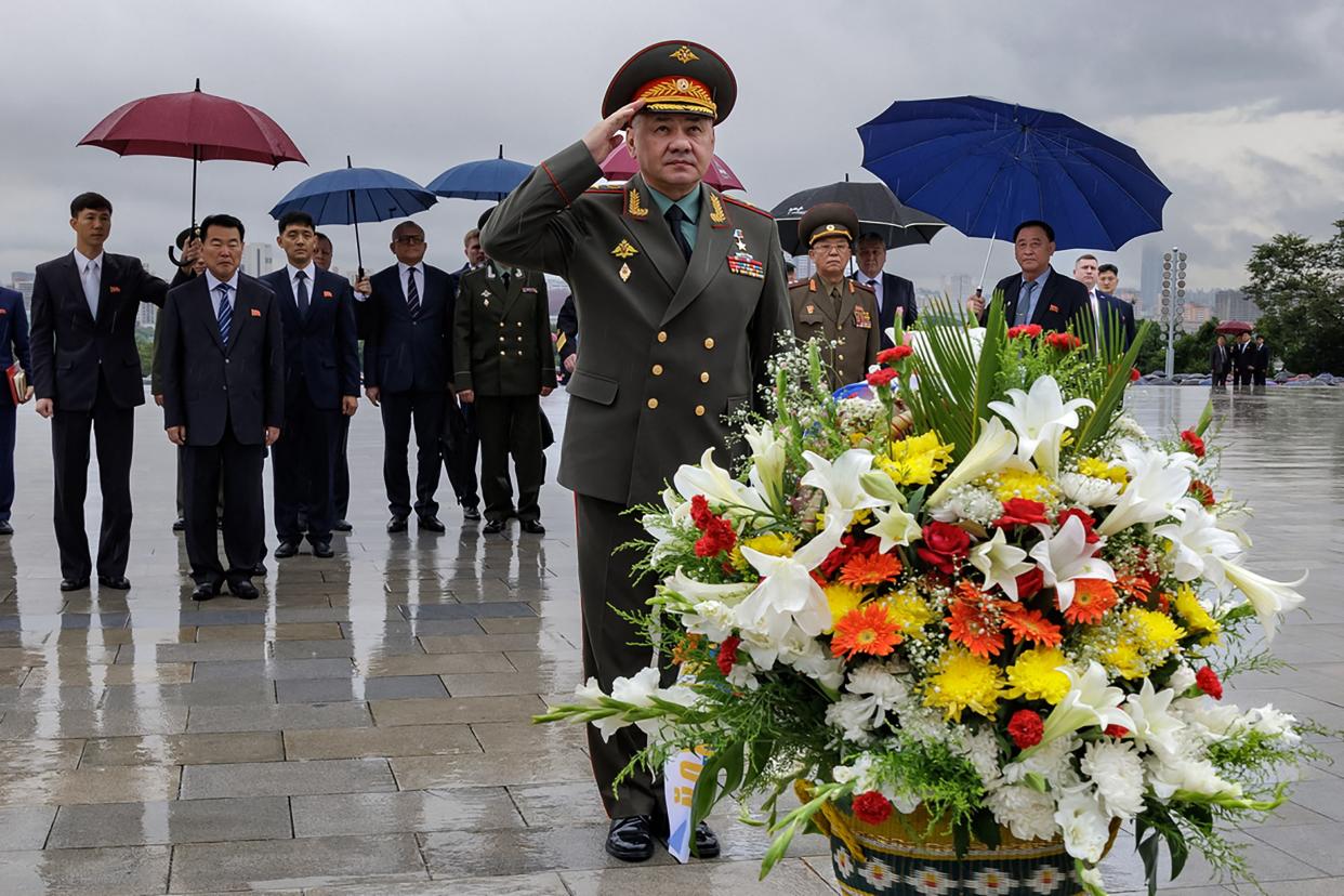 Sergei Shoigu visited the statues of Kim Il Sung and Kim Jong Il in Pyongyang, North Korea (Russian Defence Ministry/AFP via)