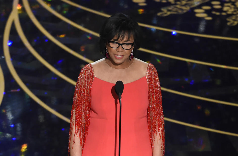 President of Academy of the Motion Picture Arts and Sciences Cheryl Boone Isaacs speaks at the Oscars on Sunday, Feb. 28, 2016, at the Dolby Theatre in Los Angeles. 