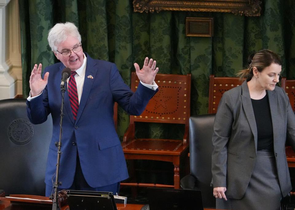 Lt. Gov. Dan Patrick presides Tuesday in the Senate on the first day of the special session. The Senate plans to reconvene Friday morning. "While the House may have thrown in the towel, the Senate continues to work," Patrick said.