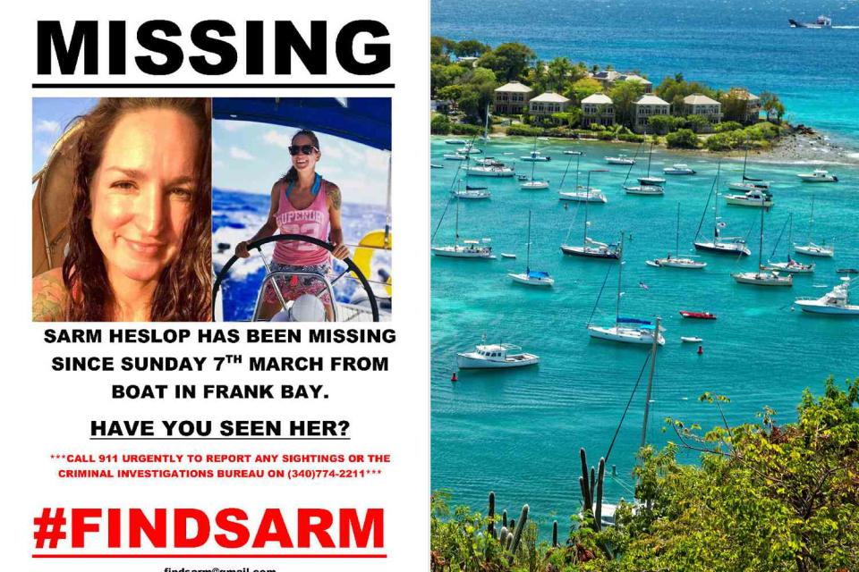 <p>findsarm; Getty</p> Sarm Heslop Missing Poster (L); St. John Island (R)