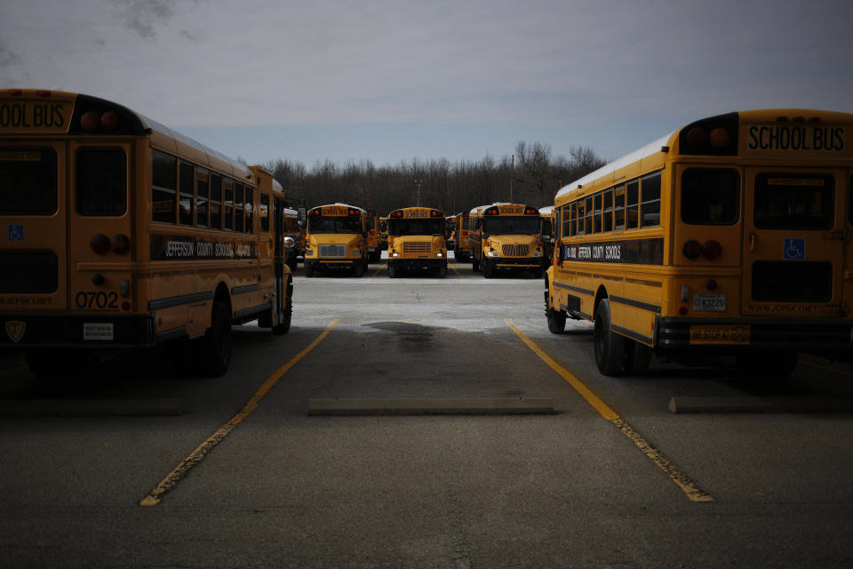 School buses at a compound for the Jefferson County Public Schools. (Photo: Luke Sharrett via Getty Images)