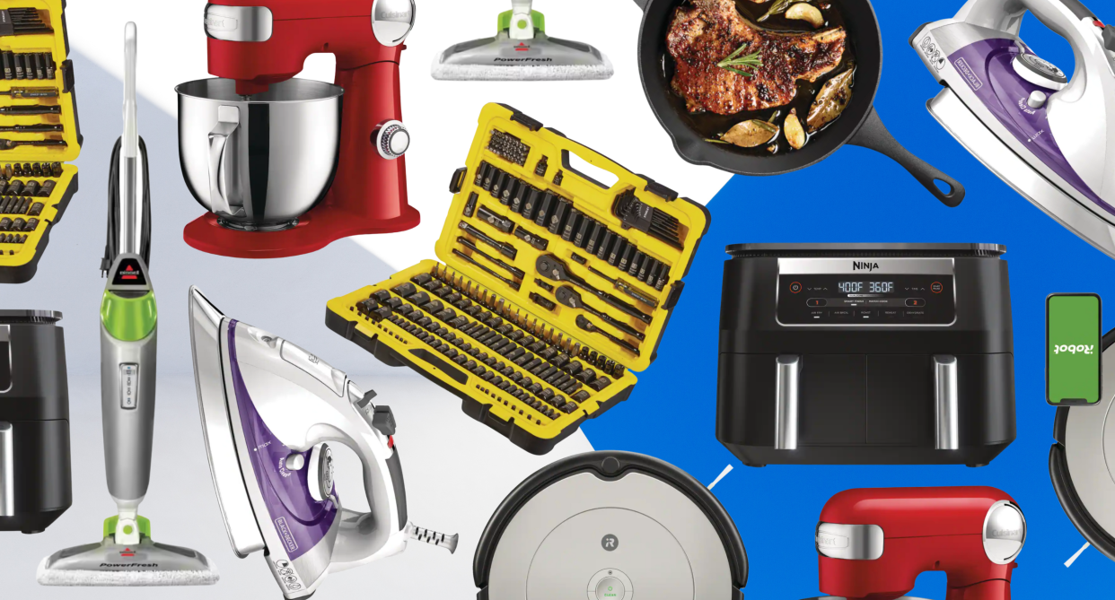 canadian tire collage of red mixer, cast iron pan, iron, air fryer, robot vacuum, mop, chrome socket set 