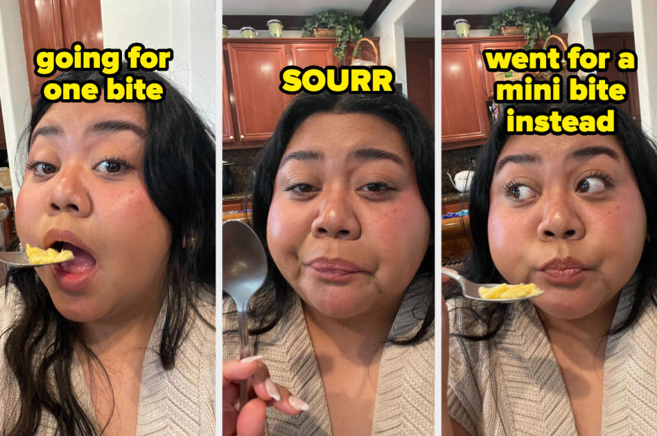 Dannica reacts to sour taste, with humorous captions overlaying each of the three progressive photos, from "Going for one bite" to "Sourrr" to "Went for a mini bite instead"