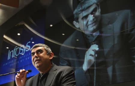 Newly appointed Infosys Chief Executive Officer Vishal Sikka speaks during a news conference at the company's headquarters in June 12, 2014. REUTERS/Stringer