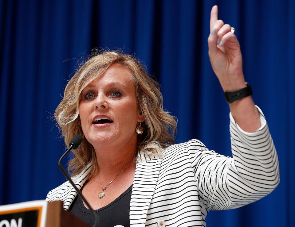 Jennifer McCormick, Indiana Superintendent of Public Instruction, speaks during the Indiana Coalition for Public Education rally in support of better funding for K-12 education at the Indiana Statehouse on Tuesday, April 16, 2019. 