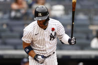 New York Yankees' Gleyber Torres reacts after flying out during the fourth inning of a baseball game against the Tampa Bay Rays on Monday, May 31, 2021, in New York. The Rays won 3-1. (AP Photo/Adam Hunger)