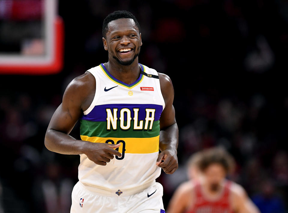 CHICAGO, ILLINOIS - FEBRUARY 06: Julius Randle #30 of the New Orleans Pelicans reacts after scoring against the Chicago Bulls at United Center on February 06, 2019 in Chicago, Illinois.  NOTE TO USER: User expressly acknowledges and agrees that, by downloading and or using this photograph, User is consenting to the terms and conditions of the Getty Images License Agreement.   (Photo by Quinn Harris/Getty Images)