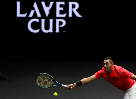 Tennis - Laver Cup - 3rd Day - Prague, Czech Republic - September 24, 2017 - Nick Kyrgios of team World in action against Roger Federer of team Europe. REUTERS/David W Cerny