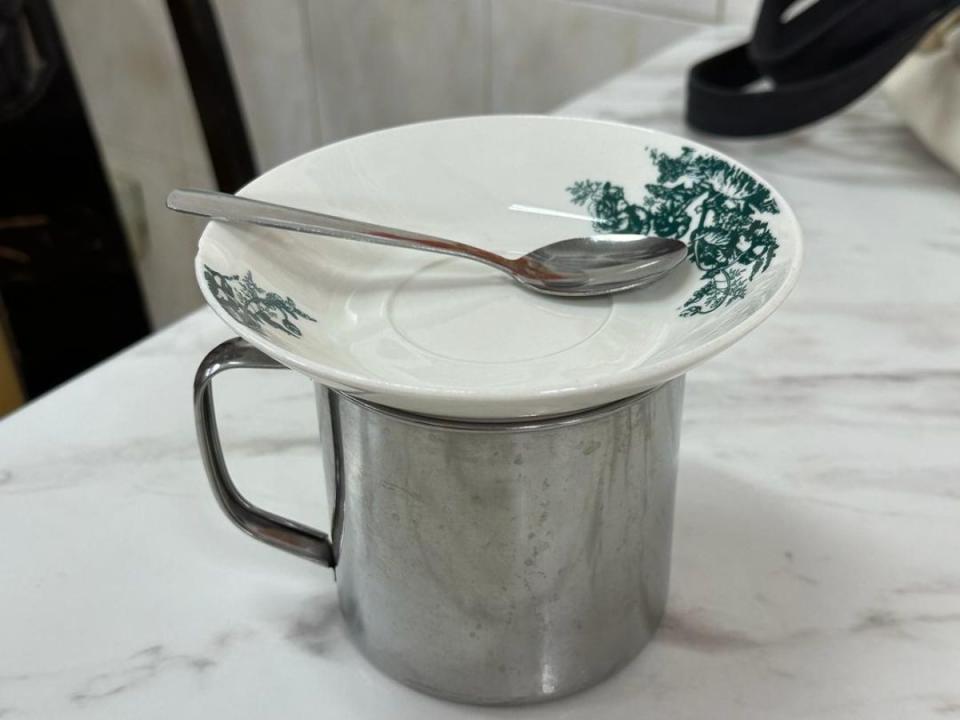 Old KL Kopitiam - Soft-boiled egg in enamel mug